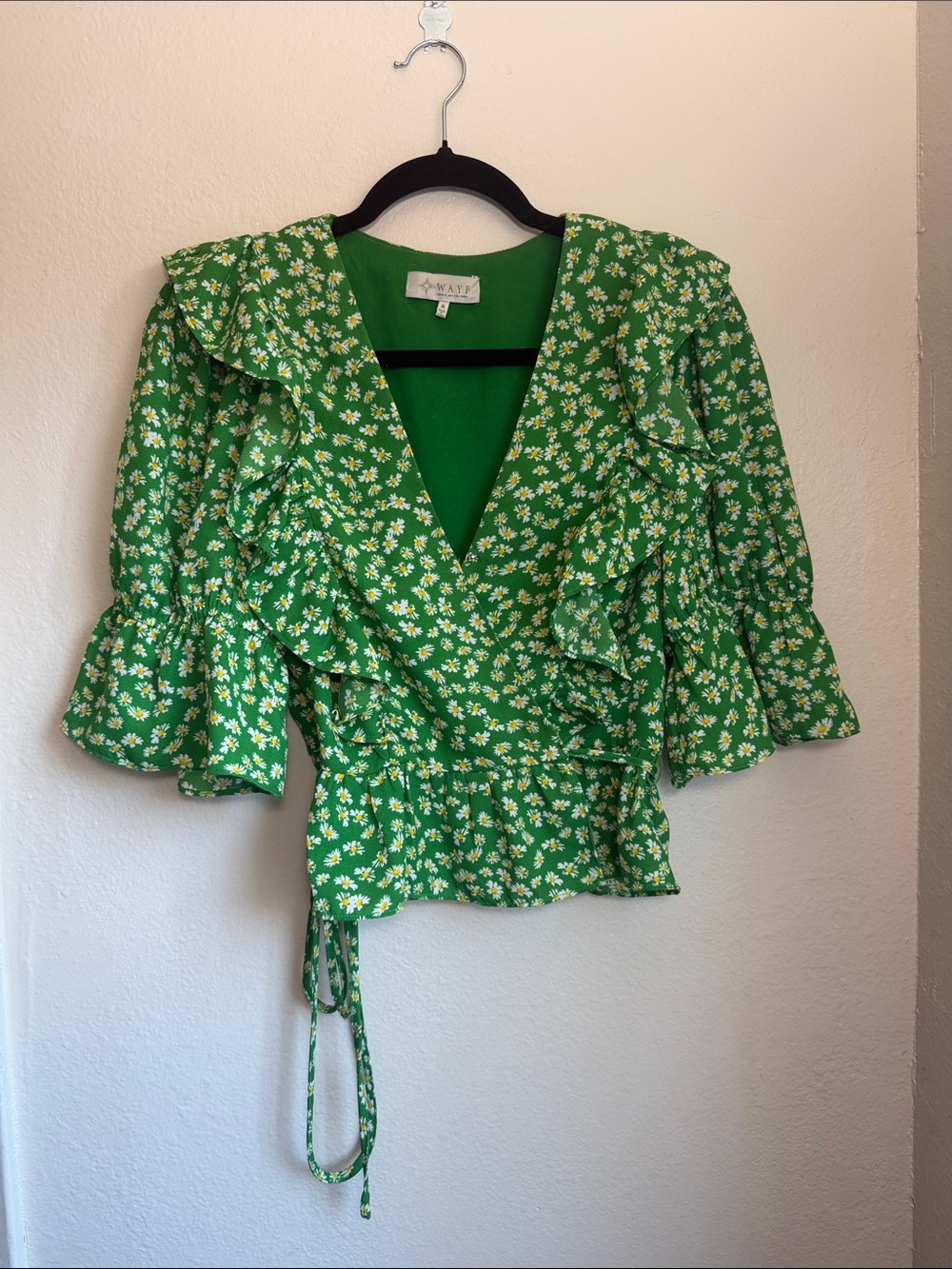 Whimsical Wayf Green Floral Ruffle Wrap Top